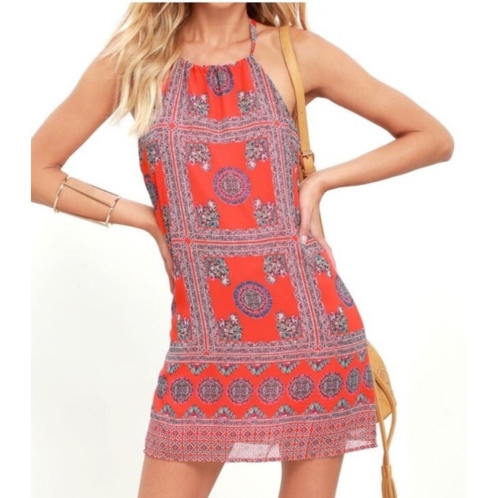 Lulus Social Philosophy Orange Paisley Halter Shift Dress Size Small Chiffon